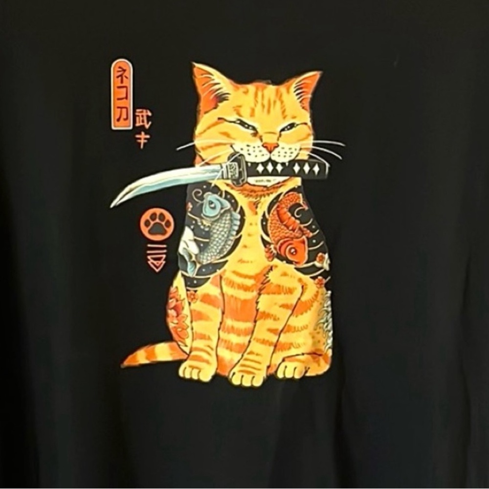 Samurai Tabby Cat Knife Koi Fish Black Graphic Men's Short Sleeve Tee Unisex Med - Picture 3 of 8